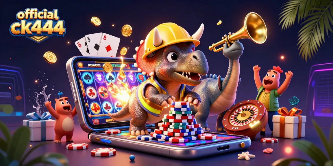 Join the fun with official ck444 as a triceratops builds poker chips amidst a gaming celebration!