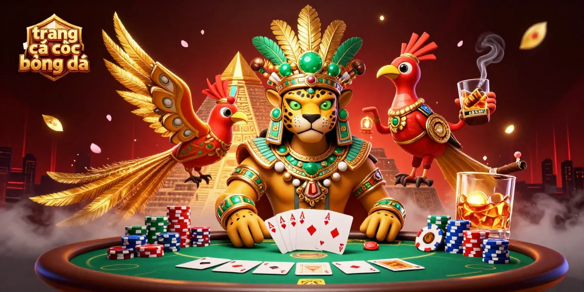 Engage in thrilling trang cá cược bóng đá with a vibrant illustration showcasing poker elements and a mystical Mayan theme.