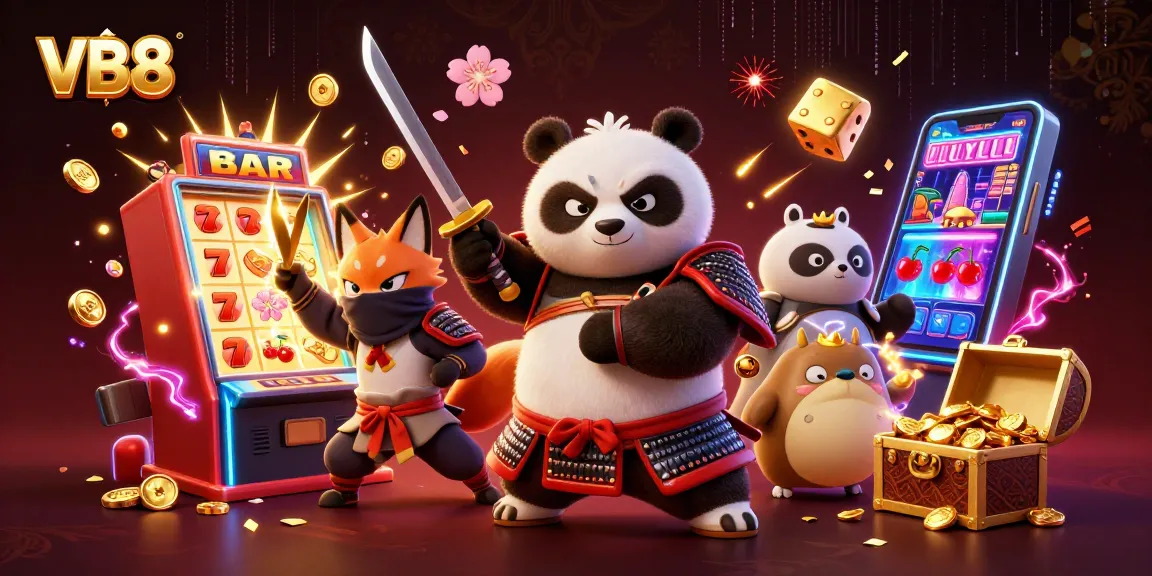 VB8 players winning big with 3D samurai panda and ninja fox in a dynamic casino scene with jackpots.