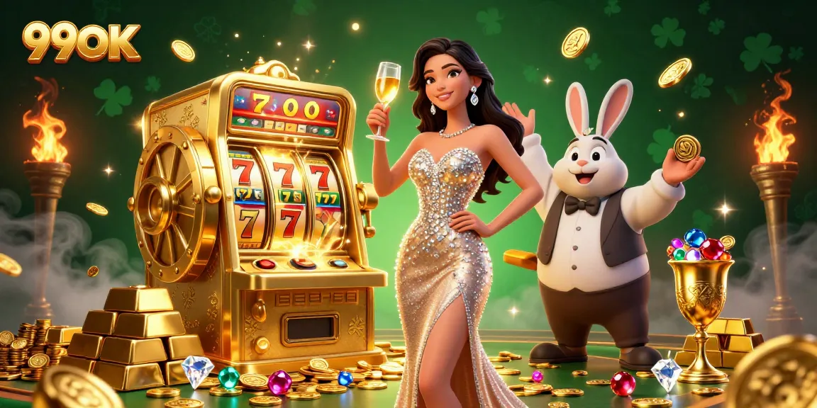 Experience the excitement of 99OK with a dazzling jackpot slot scene featuring a glamorous winner and a playful croupier.