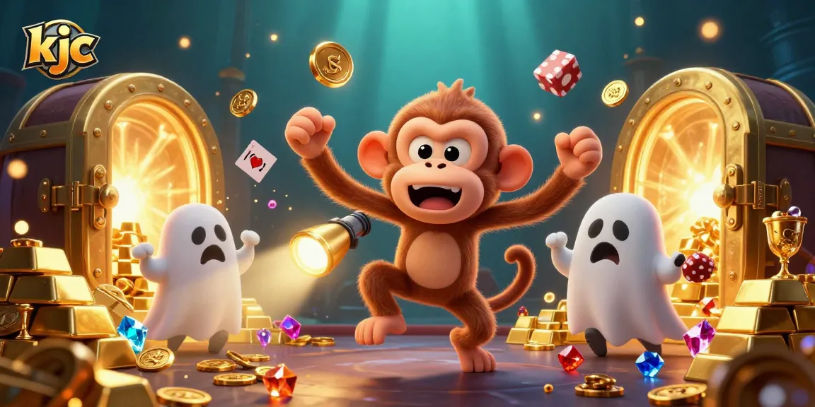 KJC casino features a mischievous ghost monkey juggling golden chips, with a curious puppy tracking its playful antics.