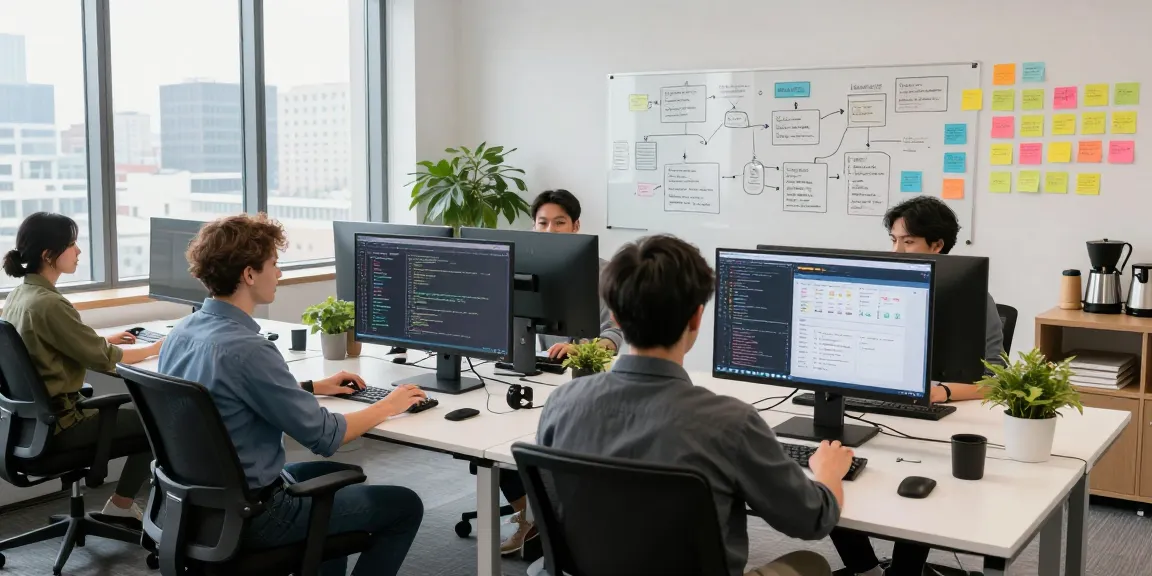 Collaboration at the WPS Official Website with tech professionals coding in a modern office.