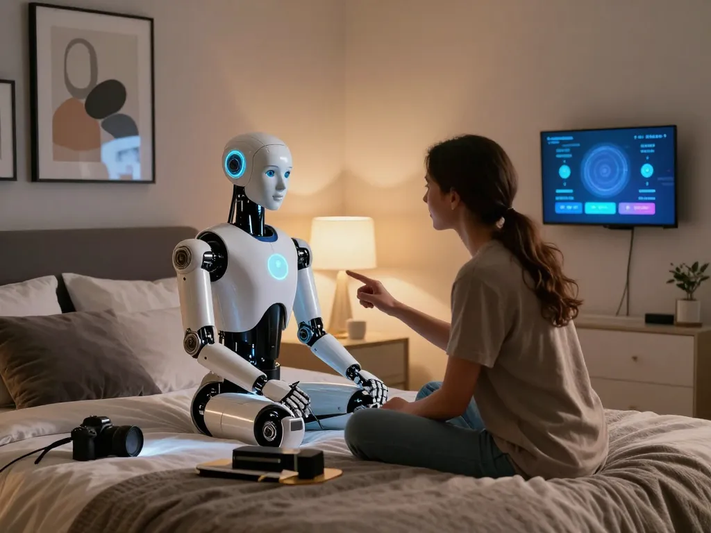 Couple enjoying interaction with sex bot in modern bedroom setting, showcasing advanced AI features.
