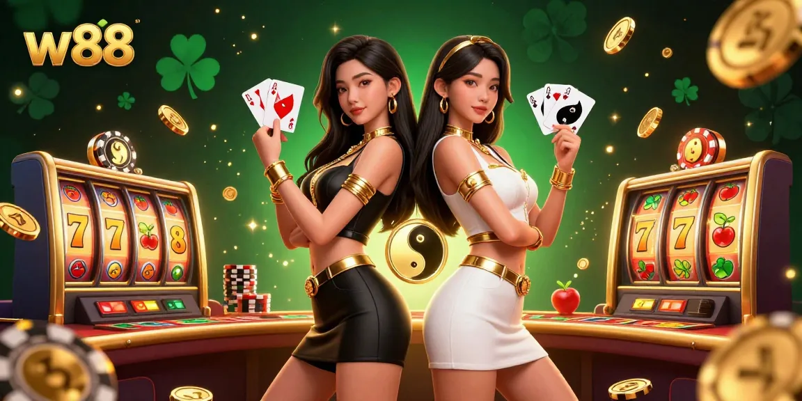 w88 casino illustration with twin women holding playing cards and dynamic casino elements.