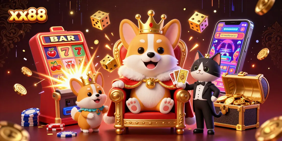 xx88 high-stakes action features royal corgi on poker chip throne amidst slot machines and casino excitement.