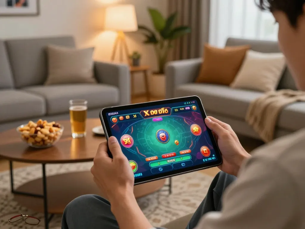 xóc đĩa online gameplay on a tablet in a cozy home setting with snacks and warm lighting