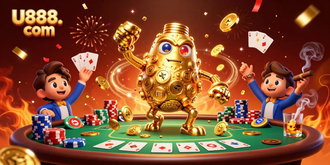 Engage with thrilling games at U888. com featuring golden golem, poker chips, and festive casino elements.