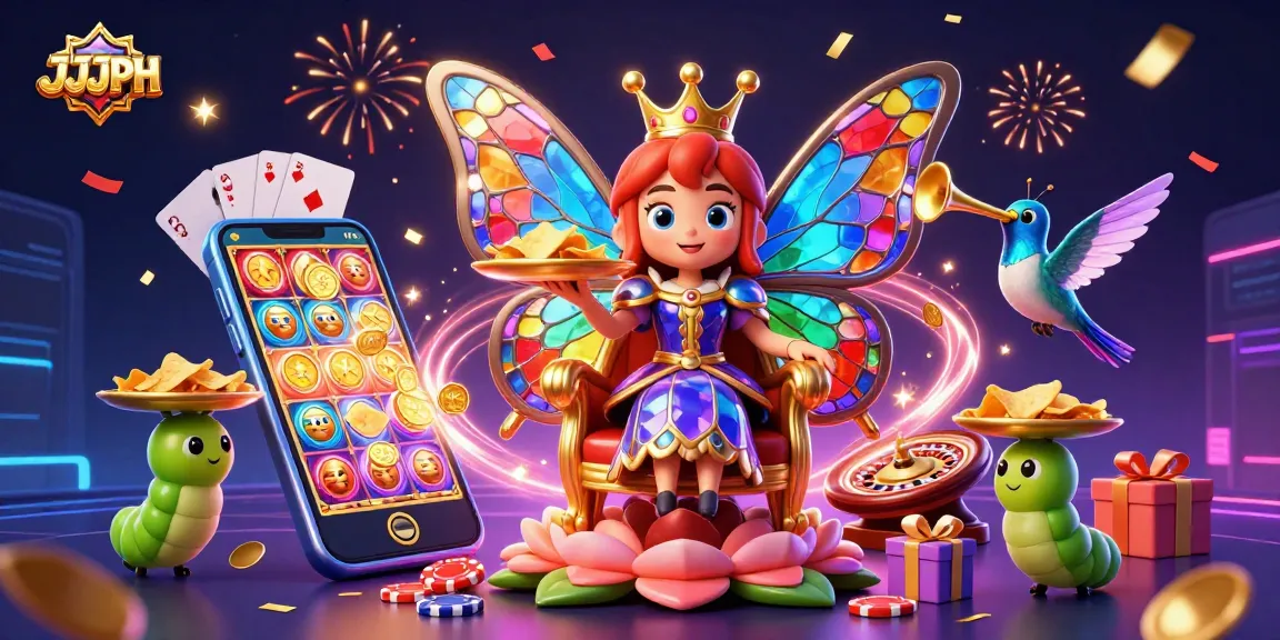 Experience vibrant JJJPH casino excitement with this dazzling 3D illustration of a butterfly queen.