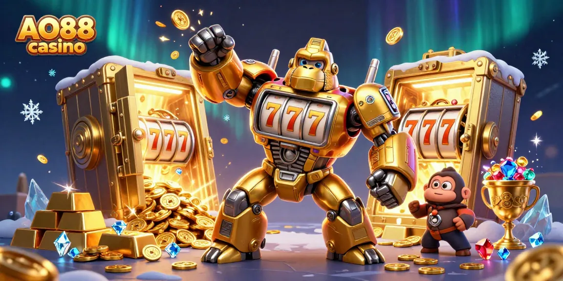 Engage with the exciting world of AO88 casino featuring a golden mech surrounded by treasures and dynamic gaming elements.