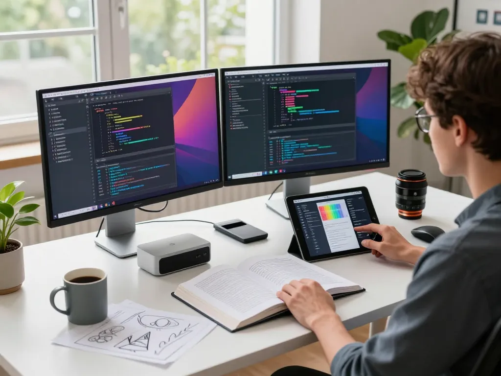 Developer with Mac Mini coding at modern desk, dual monitors, and design tablet.