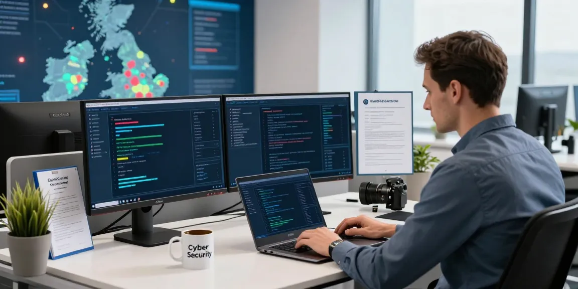 Cyber Essentials UK cybersecurity expert analyzing data on multiple screens in a modern workspace