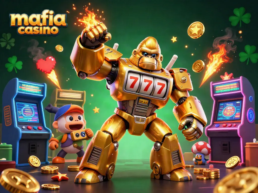 Experience the thrill of mafia casino with an explosive golden gorilla mech and vibrant gaming elements.