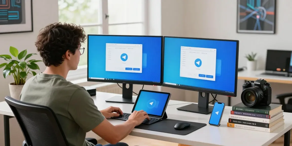 Download Telegram on multiple devices in a sleek tech workspace.