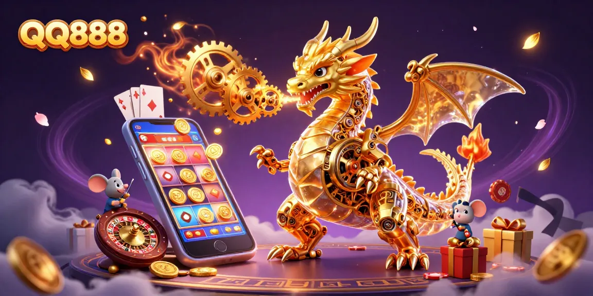 Experience thrilling slots with QQ888, featuring a golden biomechanical dragon and dynamic game elements.