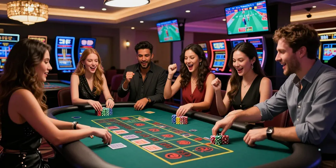Friends enjoying a lively gamble at a casino table while discussing rokok88 strategies.