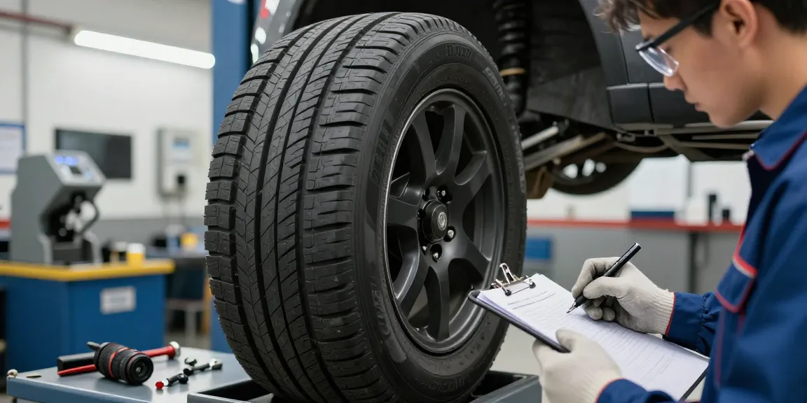 Mechanic inspecting Double Coin RR99 tire in automotive service center, showcasing its features.