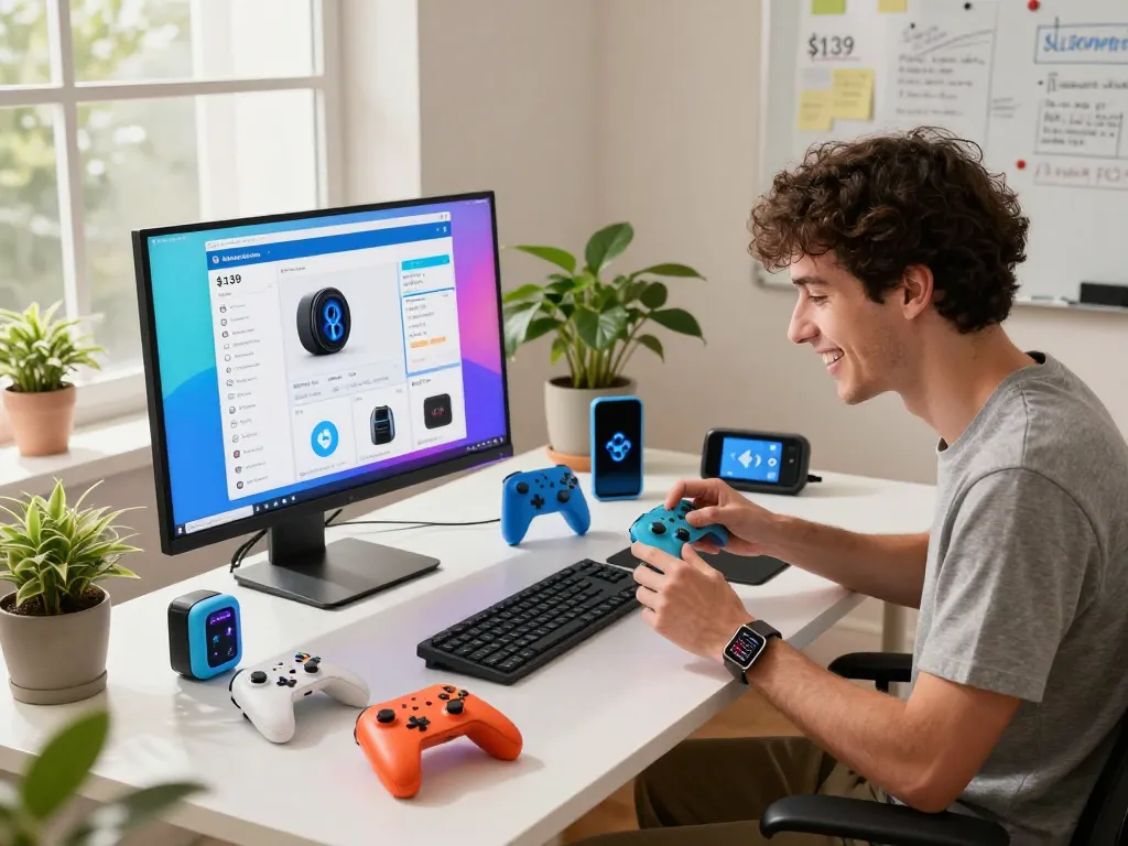 Showcasing cool tech gadgets under $139 in a vibrant tech workspace with Bluetooth devices.