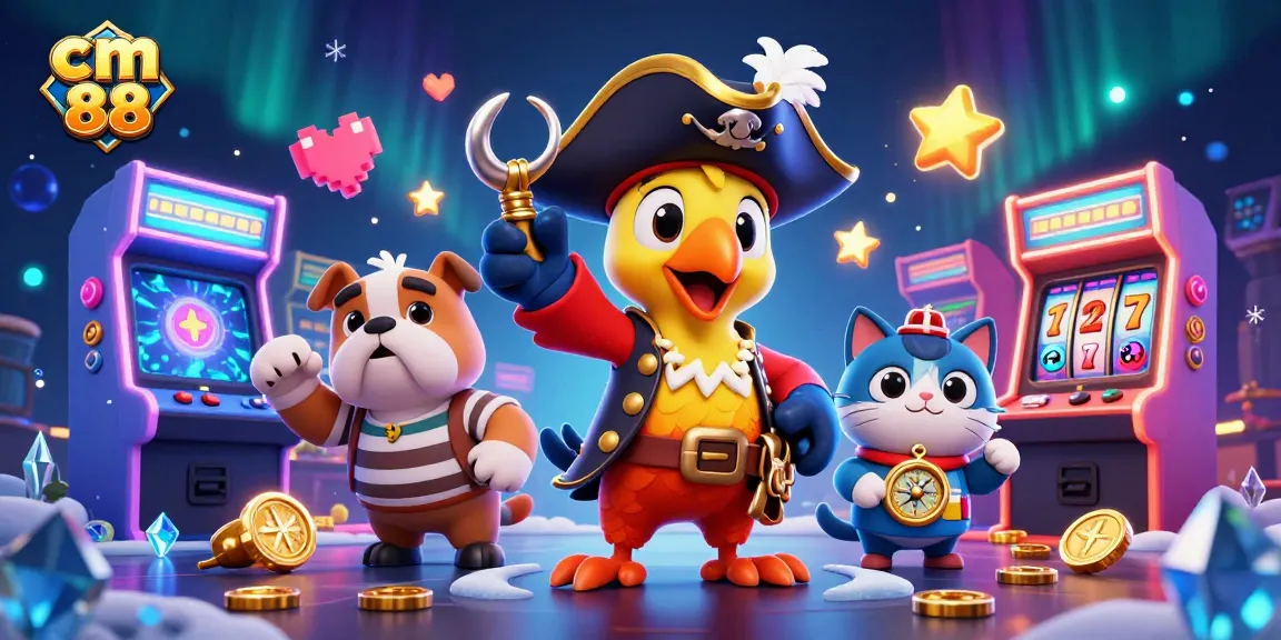Engage with cm 88's thrilling casino adventure featuring vibrant slot reels and 3D game characters.