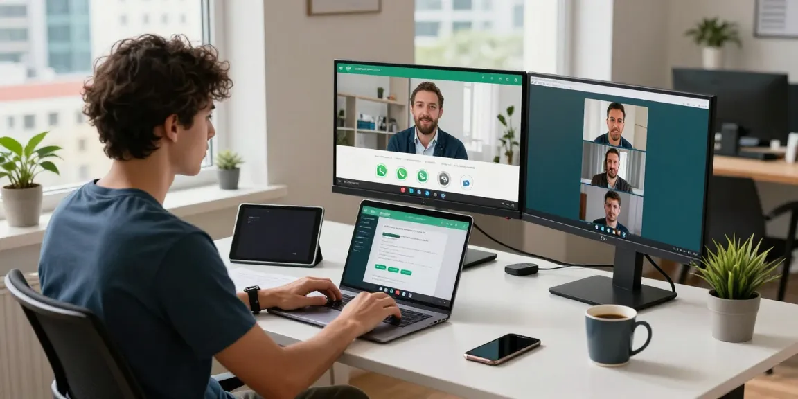 WhatsApp網頁版 displayed on dual screens in a modern workspace, showcasing effective communication tools.