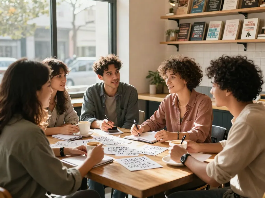Group of friends discussing positive attitude concepts at rokok 88 café.
