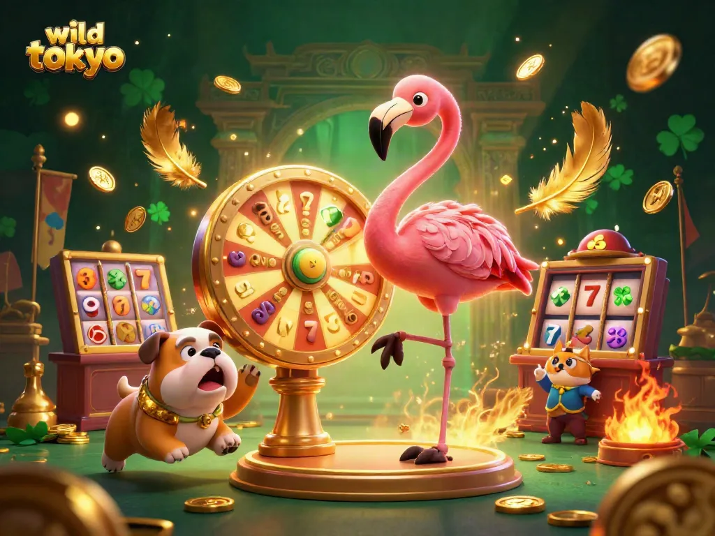 Experience exciting gameplay at wild tokyo casino as the flamingo host spins the prize wheel with vibrant game elements.