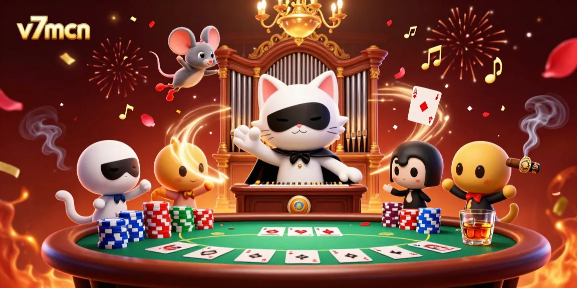 v7mcn showcases a lively casino scene with a phantom cat, acrobat mouse, and poker elements.