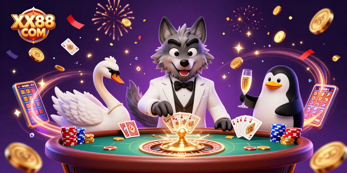 Engage with XX88 COM in an extravagant 3D casino scene featuring a debonair wolf, elegant swan, and sophisticated penguin.