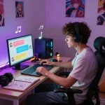 Engaging user interaction in NSFW AI chat with vibrant AI character on laptop, showcasing immersive online experience.