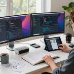 Developer with Mac Mini coding at modern desk, dual monitors, and design tablet.