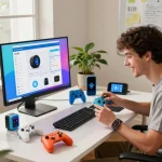 Showcasing cool tech gadgets under $139 in a vibrant tech workspace with Bluetooth devices.