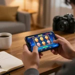 Player exploring Jun88 mobile slots experience on smartphone in cozy living room