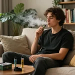 Puff THC Italia scena di lifestyle con una persona che gode di una penna vaporizzatrice THC, circondata da un'accogliente decorazione per la casa e accessori.