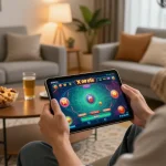 xóc đĩa online gameplay on a tablet in a cozy home setting with snacks and warm lighting
