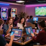 Exciting nk88 online gambling scene with young adults betting on mobile devices in a vibrant lounge.