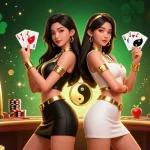 w88 casino illustration with twin women holding playing cards and dynamic casino elements.