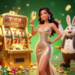 Experience the excitement of 99OK with a dazzling jackpot slot scene featuring a glamorous winner and a playful croupier.