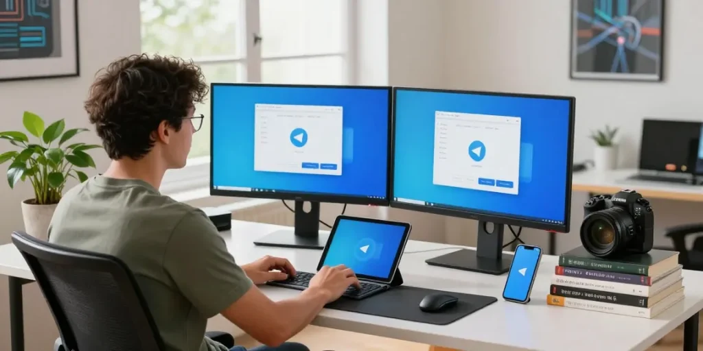 Download Telegram on multiple devices in a sleek tech workspace.