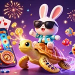 Experience the vibrant world of web sunwin with an adorable lucky rabbit and a gem-encrusted turtle amidst lively gaming action.
