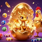 qs88 captivates with a stunning golden dragon emerging from poker chips, amid colorful lottery elements.