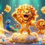 Spin the reels at kk55 with a dazzling 3D illustration of a roaring sun lion amidst golden treasures.