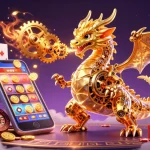 Experience thrilling slots with QQ888, featuring a golden biomechanical dragon and dynamic game elements.
