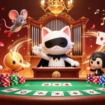 v7mcn showcases a lively casino scene with a phantom cat, acrobat mouse, and poker elements.