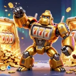Engage with the exciting world of AO88 casino featuring a golden mech surrounded by treasures and dynamic gaming elements.