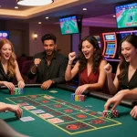 Friends enjoying a lively gamble at a casino table while discussing rokok88 strategies.